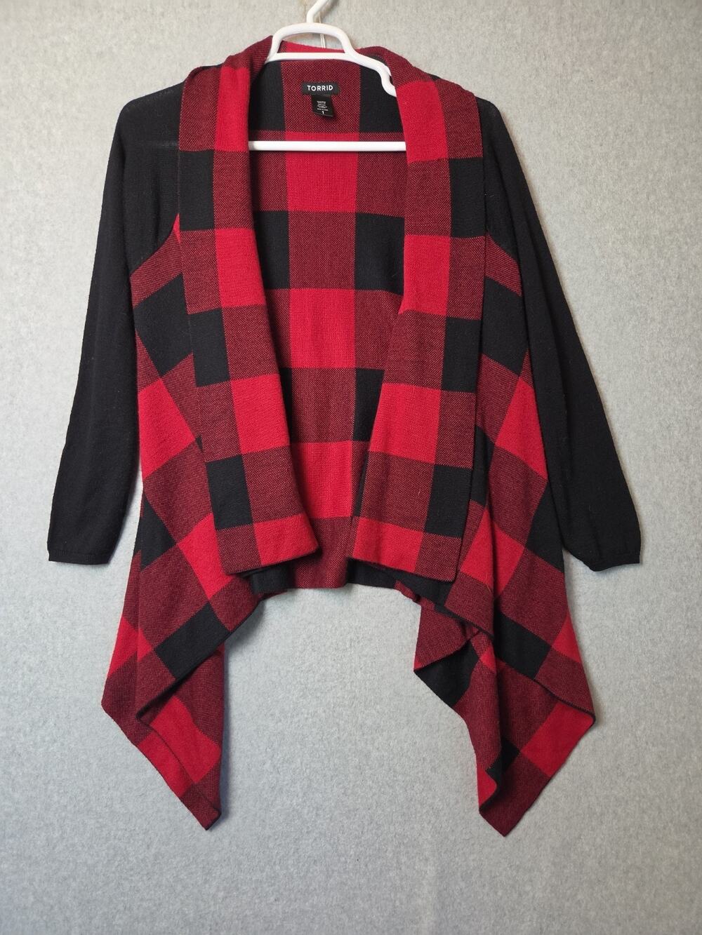 Torrid Buffalo Plaid Knit Drape Front Cardigan Women's Plus 1X Stretch